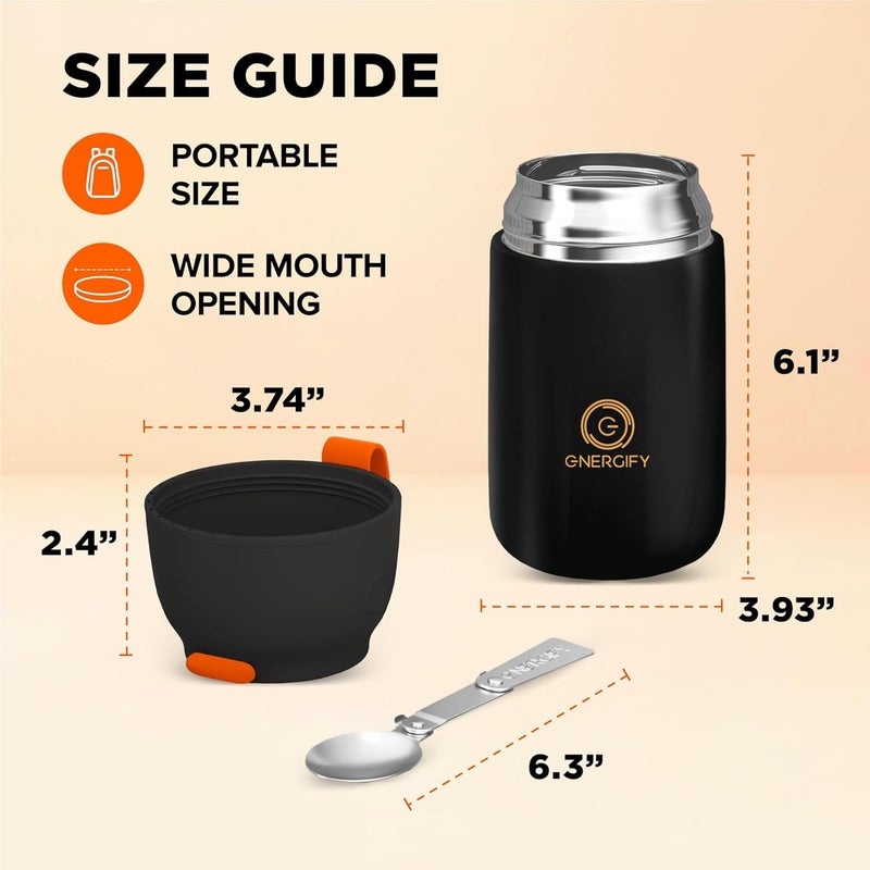 ENERGIFY Vacuum Insulated Food Jar. Large 24oz Bowl incl. Folding Spoon, Cup. Wide Mouth Keep Hot & Cold Drinks Soup Lunch Container for Adults. BPA-Free Stainless Steel, Leak Proof Black Matte - Image 4